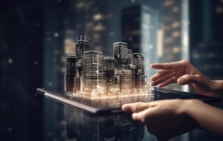 Digital tablet and a hologram of modern buildings, Illustration Generative AI